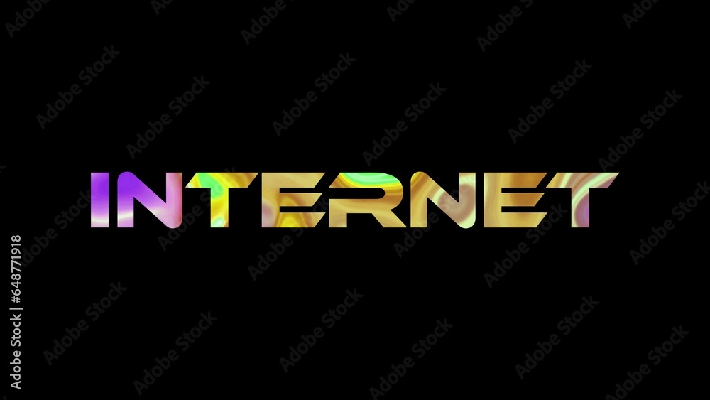 Internet text on black background. Multicolored glossy technological word written on black.