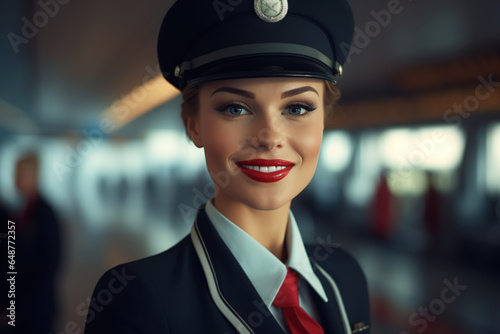 Portrait of a beautiful smiling young woman professional flight attendant or jet pilot in uniform with cap indoors looking at camera