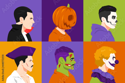 set of men's faces in halloween costumes and makeup in profile. vampire, pumpkin head, skeleton, pirate, zombie, and clown. avatar side view. flat vector illustration.