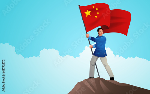 Chinese businessman proudly stands at the summit of a mountain, holding the flag of China high, symbolising the nation's aspirations for progress and success