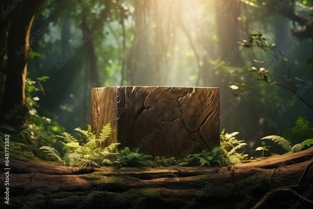 Wooden cubic stage in the forest background. Product presentation podium in nature. - obrazy, fototapety, plakaty 