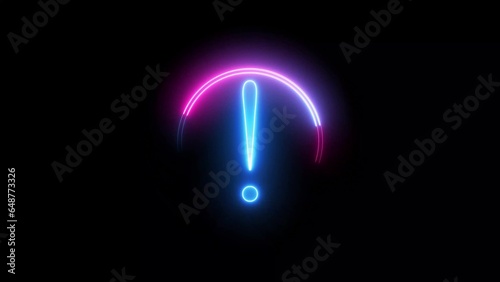 Blue and pink color glowing neon line circle with exclamation mark. black background. illustration abstract background
