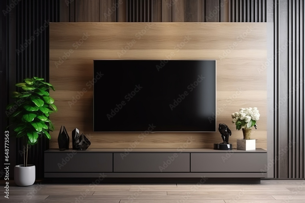 TV on cabinet in modern living room with lamp, table, flower and plant on wooden wall background, Generative AI