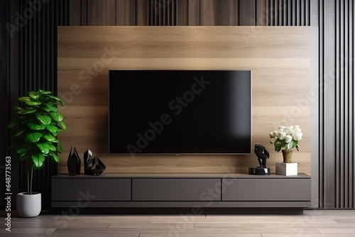 TV on cabinet in modern living room with lamp, table, flower and plant on wooden wall background, Generative AI  photo