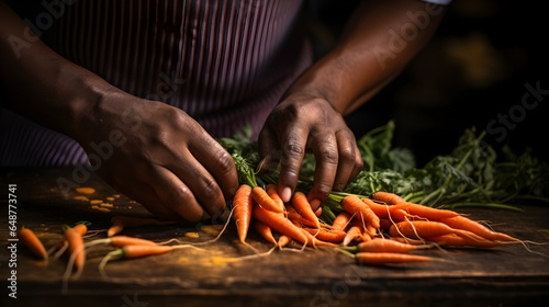 Close up of a African American man's hands preparing carrots on a breadboard  photo