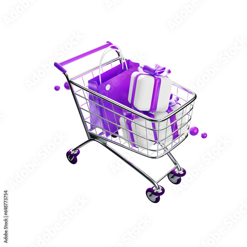 3d illustration. shopping cart or trolley supermarket with gift box on PNG isolated white background.