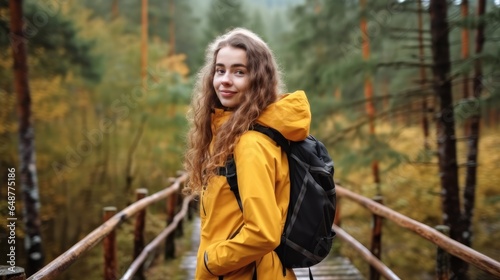 Woman tourist in a yellow coat with a backpack traveling along a wooden path in the forest, Concept of travel with nature.