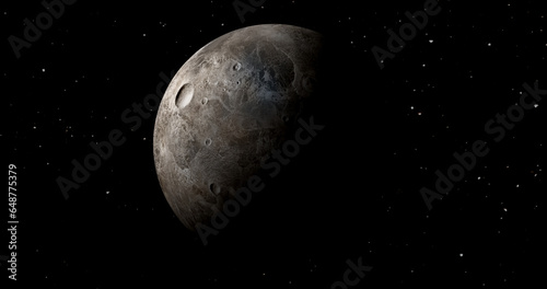 fictional Planet sun rise in dark background with stars. front view of Haumea planet from space. full 3d view of Haumea 4k resolution.