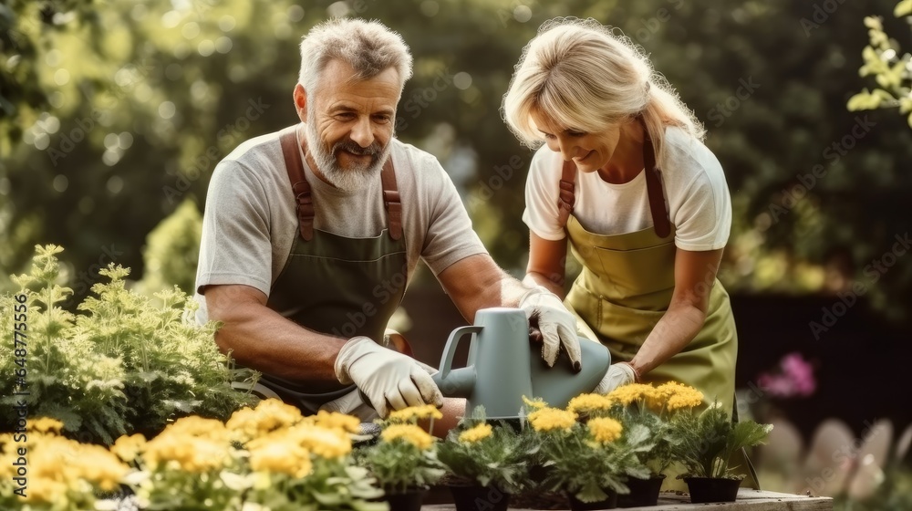 Mature Couple Planting Flowers Together In Garden At Morning.