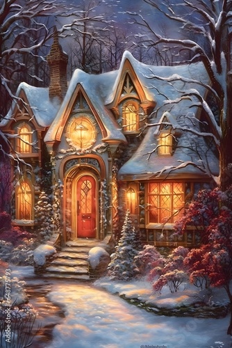 Oil painting of a Christmas Mansion, house, cottage in a snow forest with Christmas decorations and lights © Mockup Lab