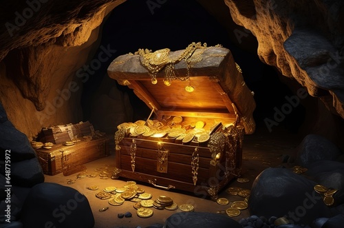 An old chest in a cave filled with treasure. Generative ai