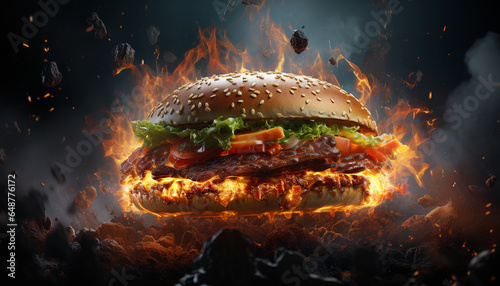 Hamburger with fire flames on dark background.