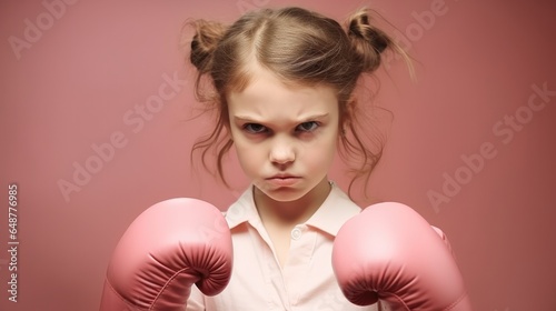 Little girl wearing pink boxing gloves ready to fight, Angry serious expression. © visoot
