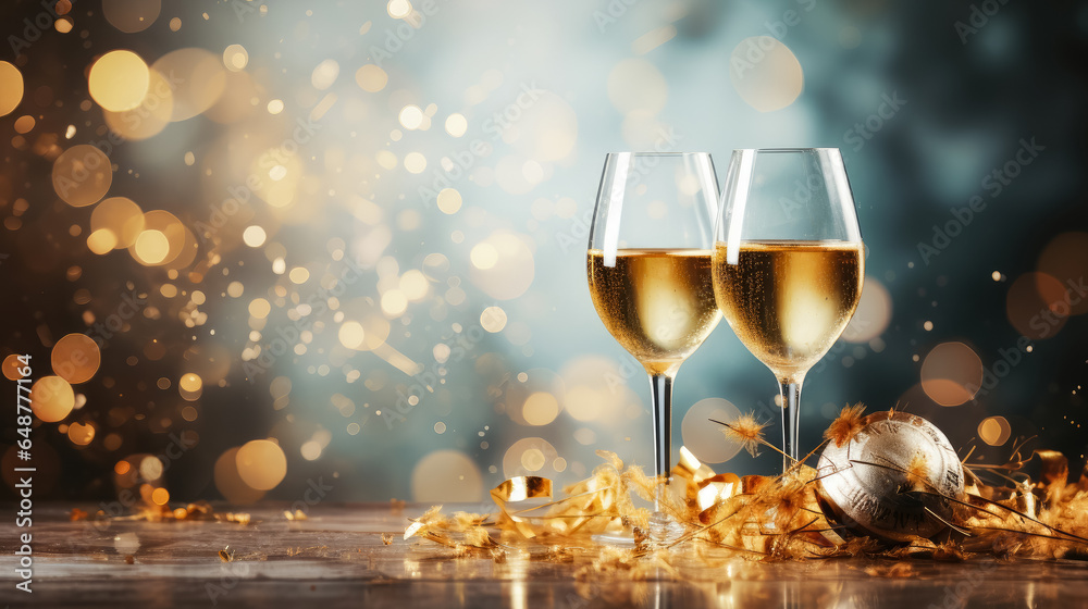 Champagne for Christmas and New Year eve celebration holidays background with copy space for text - obrazy, fototapety, plakaty 