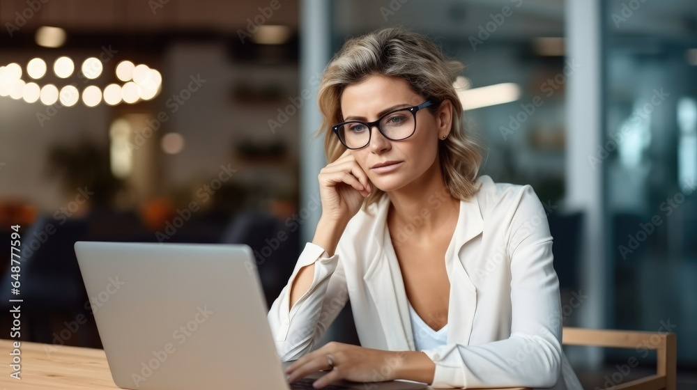Business woman wearing glasses having headache at work, Stress at workplace.