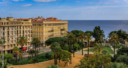 Aerial panoramic view of Jardin Albert 1 garden, Old Town or Vielle Ville buildings and the Mediterranean Sea at sunset in Nice, South of France