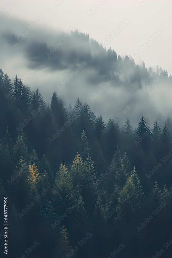 Forested mountain slope in low lying cloud with the conifers shrouded in mist in a scenic landscape