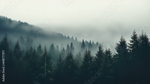 Forested mountain slope in low lying cloud with the conifers shrouded in mist in a scenic landscape © Daniil