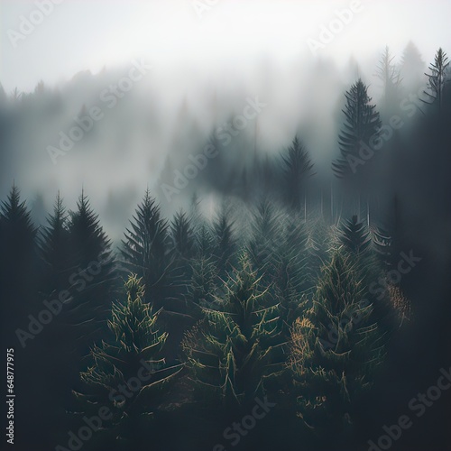 Forested mountain slope in low lying cloud with the conifers shrouded in mist in a scenic landscape