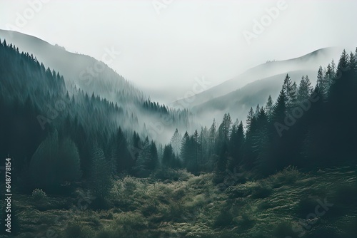 Forested mountain slope in low lying cloud with the conifers shrouded in mist in a scenic landscape photo