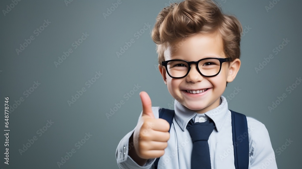 Portrait of a smiling little boy in eyeglasses showing thumbs up Portrait of a smiling little boy in eyeglasses showing thumbs up