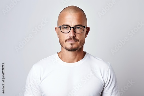 Portrait of a bald man with glasses and a white shirt. photo