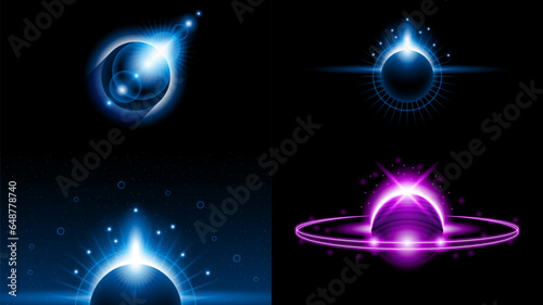 Set Sun Eclipse Solar Collection Color Fire Dark Background Vector Moon Design Style Space Science Glow Light