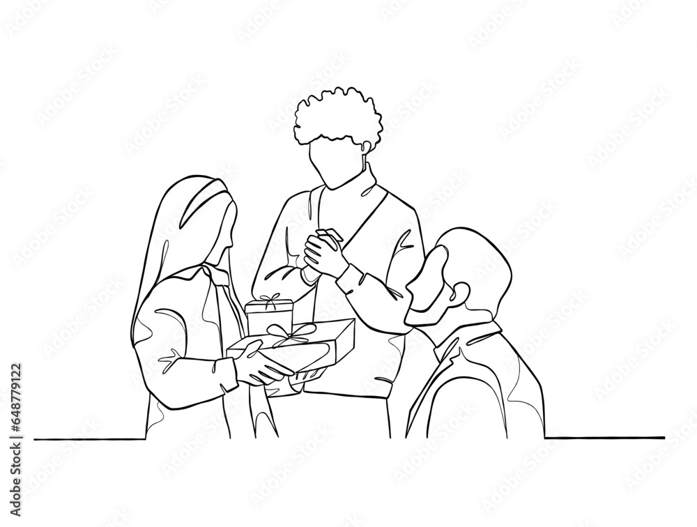 Continuous one line drawing of happy family on Christmas Day. Vector illustration.