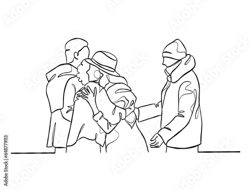 Continuous one line drawing of happy family on Christmas Day. Vector illustration.