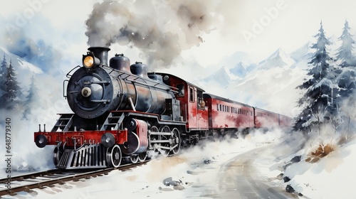 an old steam locomotive pulls trailers in the snowy mountains