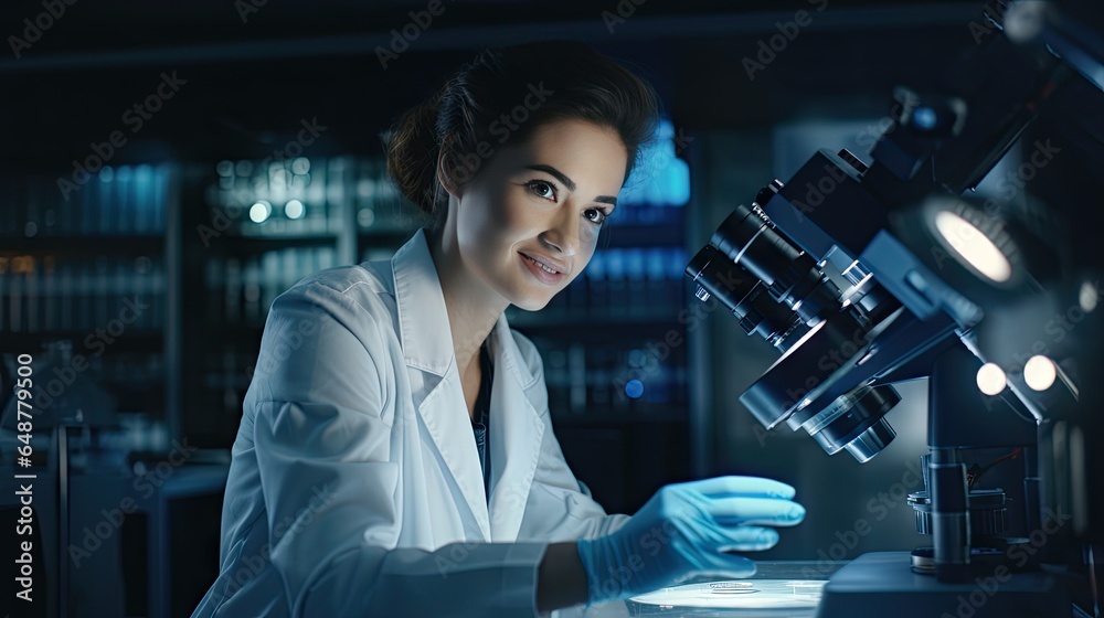 Smart beautiful woman working in a laboratory Use lab equipment, conduct experiments, study test samples. Happy female scientist looking at camera Smart beautiful woman working in a laboratory Use lab equipment, conduct experiments, study test samples. Happy female scientist looking at camera