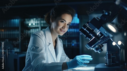 Smart beautiful woman working in a laboratory Use lab equipment, conduct experiments, study test samples. Happy female scientist looking at camera