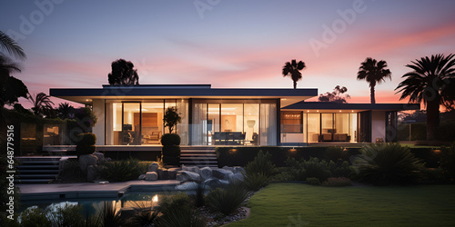 Evening Glow on  Residential Architecture . Aussie Residence in the Evening Light . Twilight Shot of Australian House photo