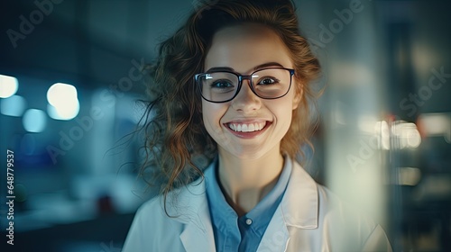 Smart beautiful woman working in a laboratory Use lab equipment, conduct experiments, study test samples. Happy female scientist looking at camera