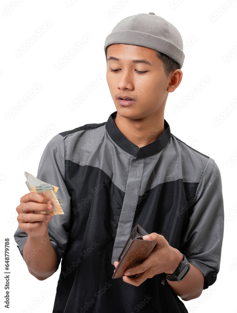 Asian muslim man sad expression when taking money from his wallet isolated on white background Asian muslim man sad expression when taking money from his wallet isolated on white background