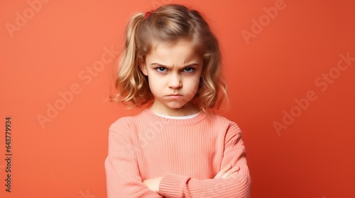 Little girl on a red background. The concept of childrens emotions and facial expressions.