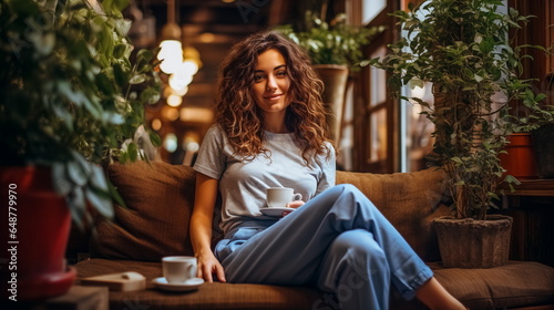 Beautiful young woman with cup of coffee sitting on sofa in cafe