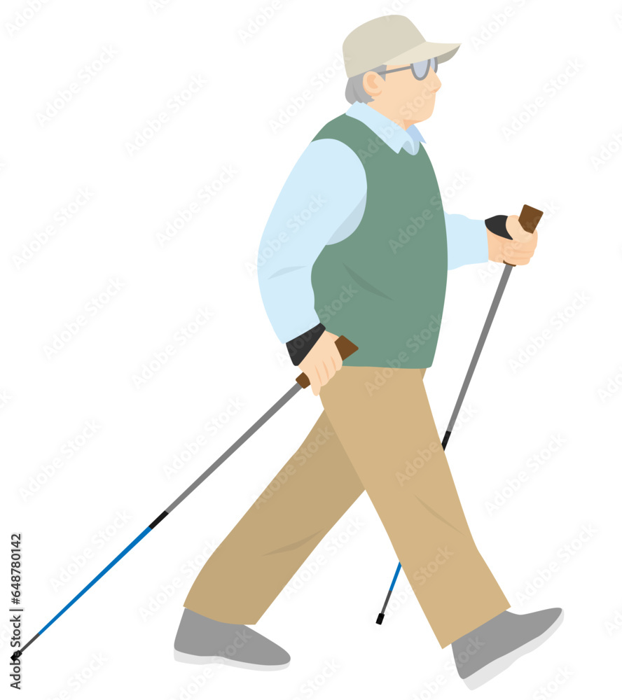 Obraz premium ノルディックウォーキング、ポールを使って歩く男性