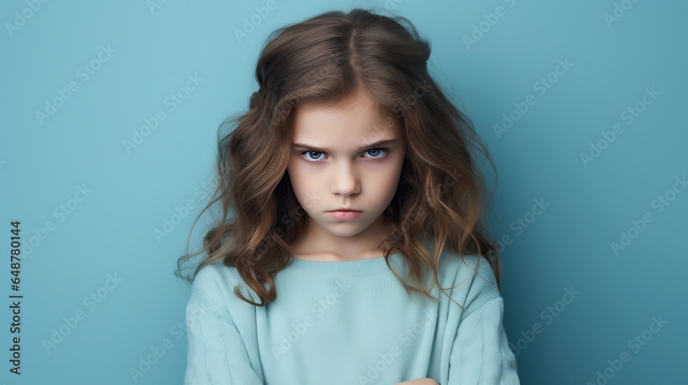 portrait of sad little girl looking at camera, isolated on blue portrait of sad little girl looking at camera, isolated on blue