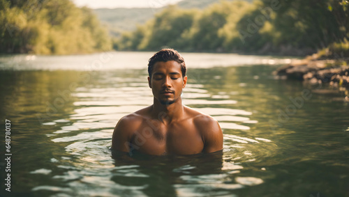 young man meditates in the river