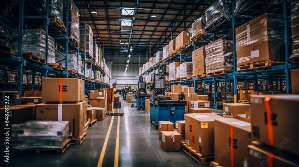 Forklift in warehouse. Forklift in warehouse. Distribution warehouse.