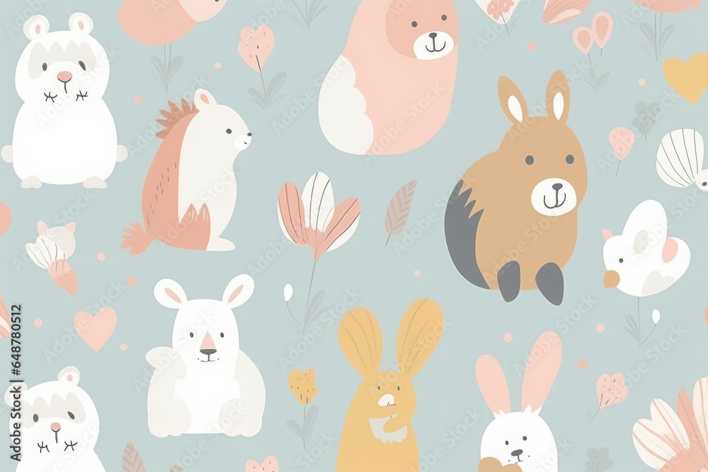 Baby animals seamless pattern. Fabric pattern.  illustration with cute animals. Nursery baby pattern illustration, Generative AI 