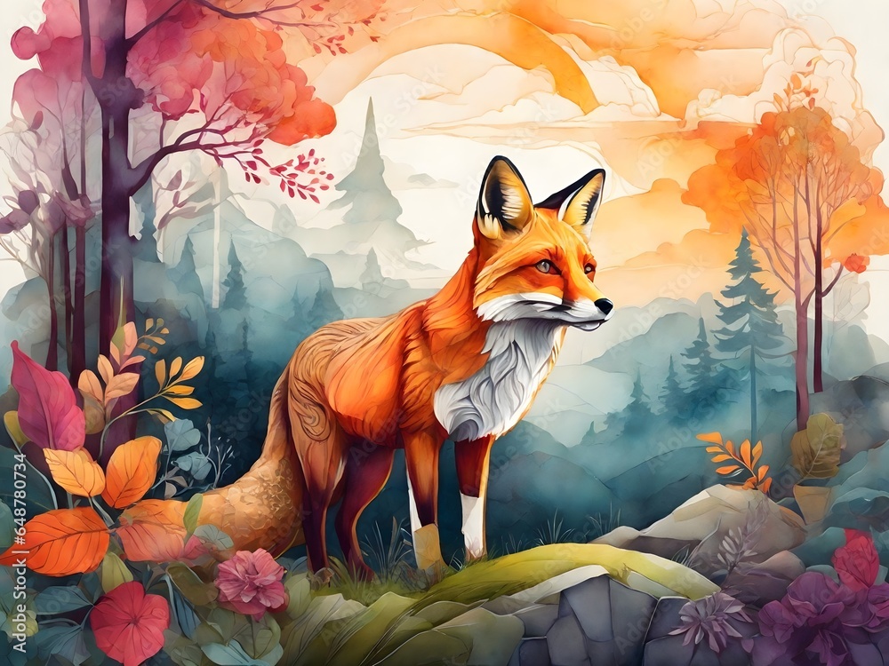 Fototapeta premium fox in the forest background illustration