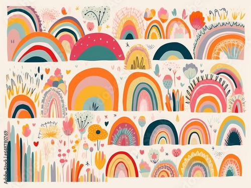 Decorative abstract art collection with modern rainbows. Hand-drawn modern illustration. Trendy colorful fresh summer decorative collection, Generative AI 