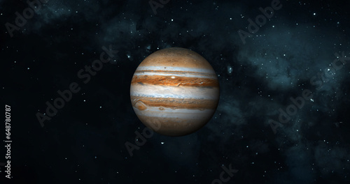 Fototapeta Naklejka Na Ścianę i Meble -  Jupiter planet on space with colorful starry night. front view of Jupiter planet from space with beautiful galaxy. 3d rendered planet. full view of Jupiter 4k resolution.