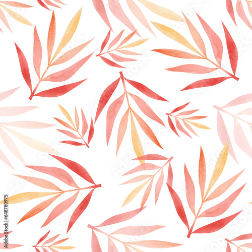Seamless pattern with colorful autumn leaves. Watercolor illustration of an autumn background with falling leaves on a white background. Hand-drawn. Template for design, decoration, wrapping paper.