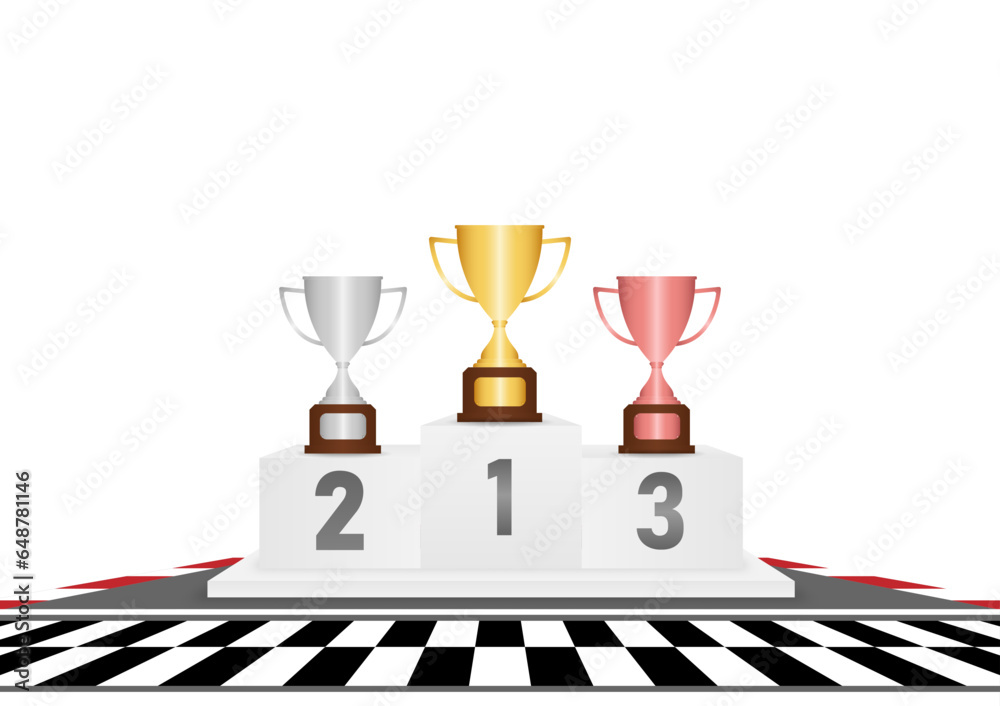 Trophy Cups on Winner Podium in Racing Track Arena. Pedestal Sport
