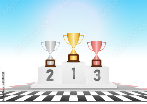 Trophy Cups on Winner Podium in Racing Track Arena. Pedestal Sport Podiums. Podium Winner Stand. Vector Illustration.