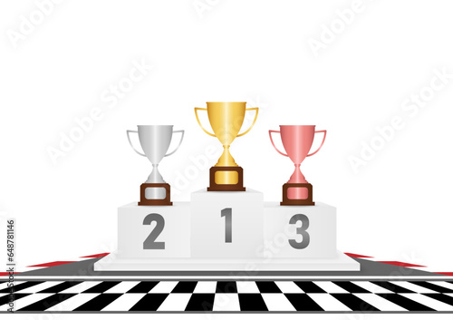 Trophy Cups on Winner Podium in Racing Track Arena. Pedestal Sport Podiums. Podium Winner Stand. Vector Illustration.