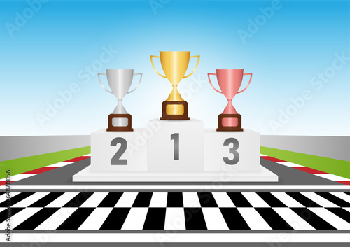 Trophy Cups on Winner Podium in Racing Track Arena. Pedestal Sport Podiums. Podium Winner Stand. Vector Illustration.